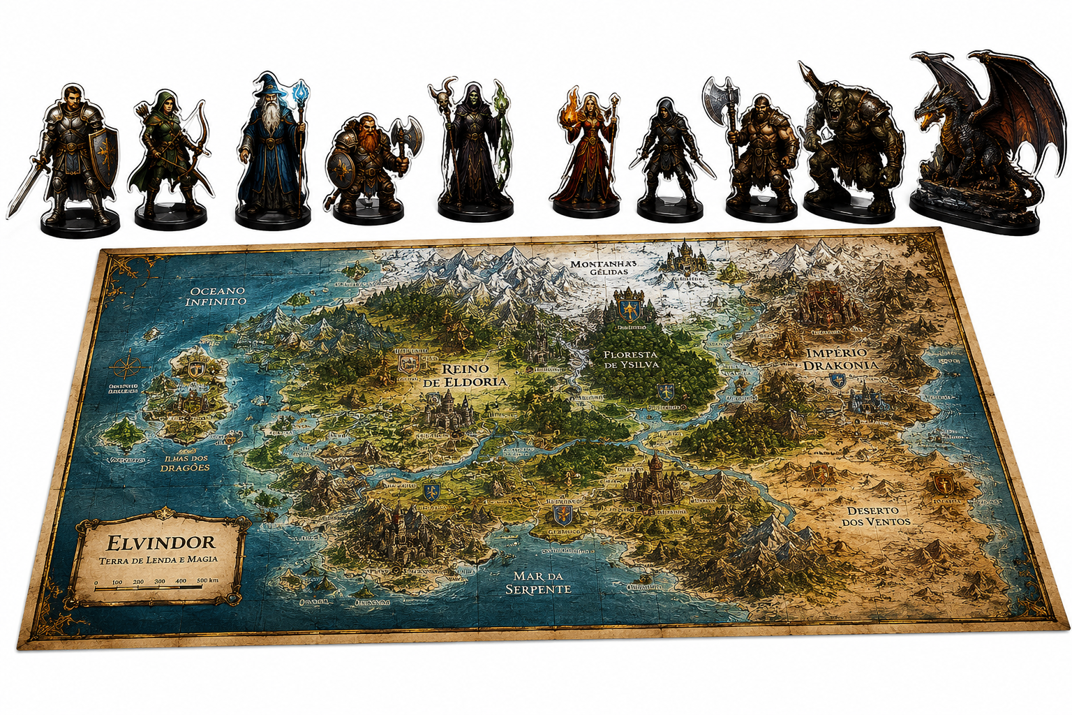 Versão final: mapa de Elvindor com miniaturas de personagens e criaturas prontos para a mesa de RPG